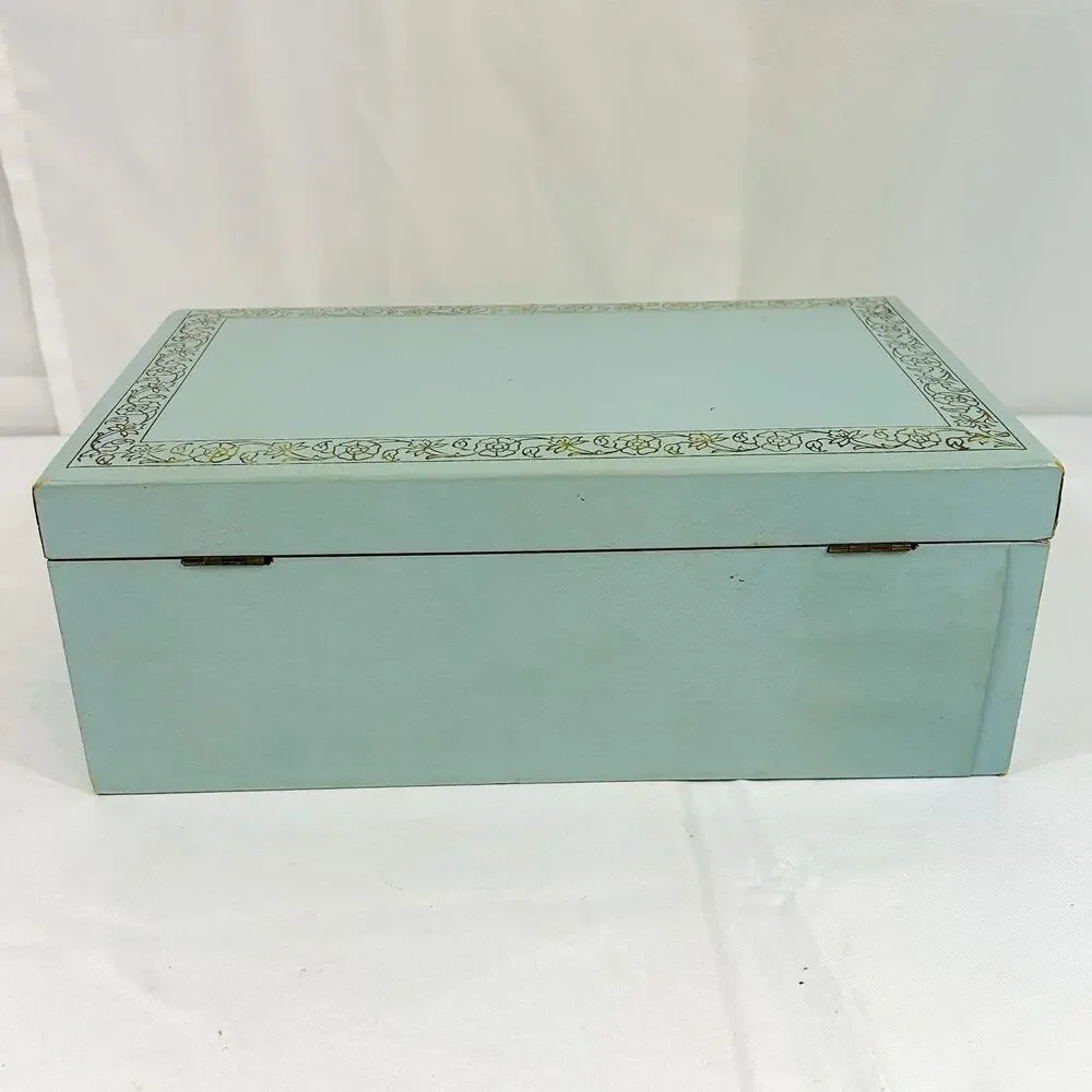 Vintage Lady Buxton Style Jewelry Box Chest MCM Blue Faux Leather Velvet Lined